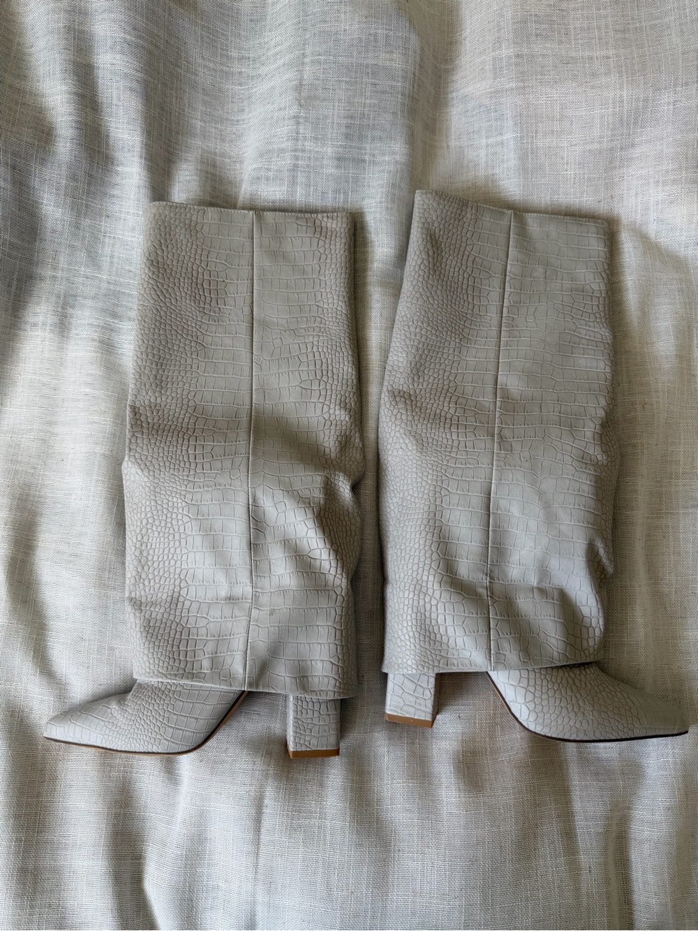 Nasty Gal Croc-Embossed Knee-High Heeled Boots in Light Gray